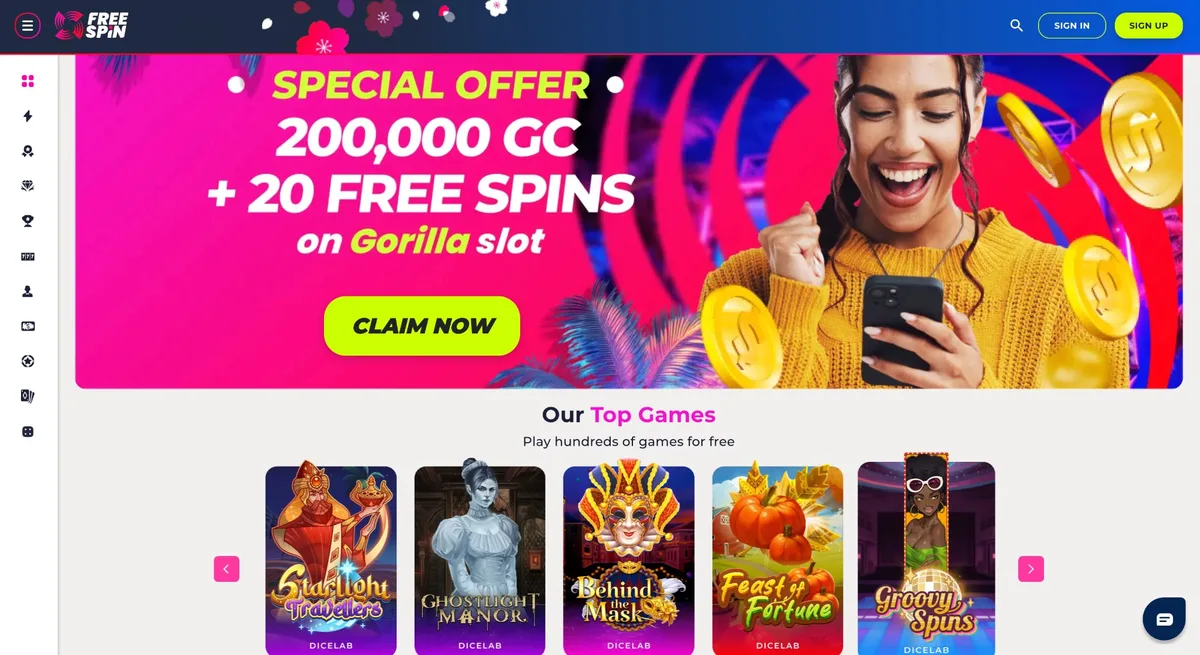 Free Spin Casino Missouri platform overview showing game lobby and navigation for MO players